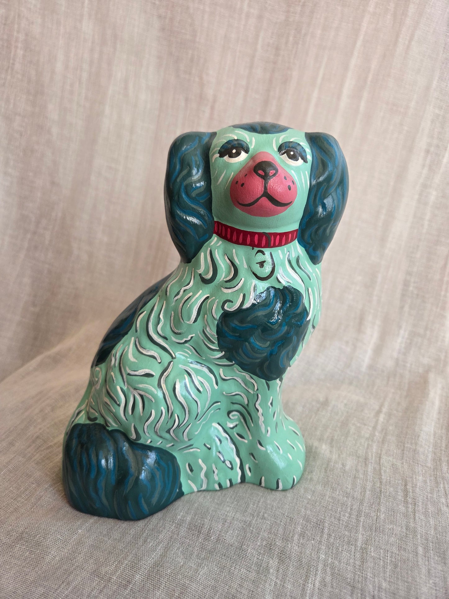 Medium Hand Painted Pair of Mint Green Mantle Dogs