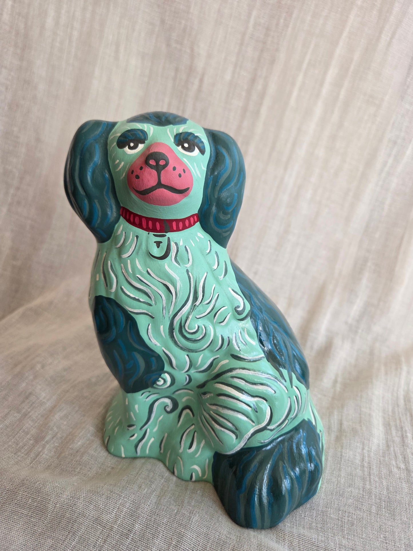 Medium Hand Painted Pair of Mint Green Mantle Dogs