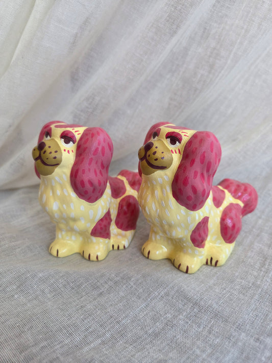 Small Hand Painted Pair of Pink and Yellow Mantle Dogs
