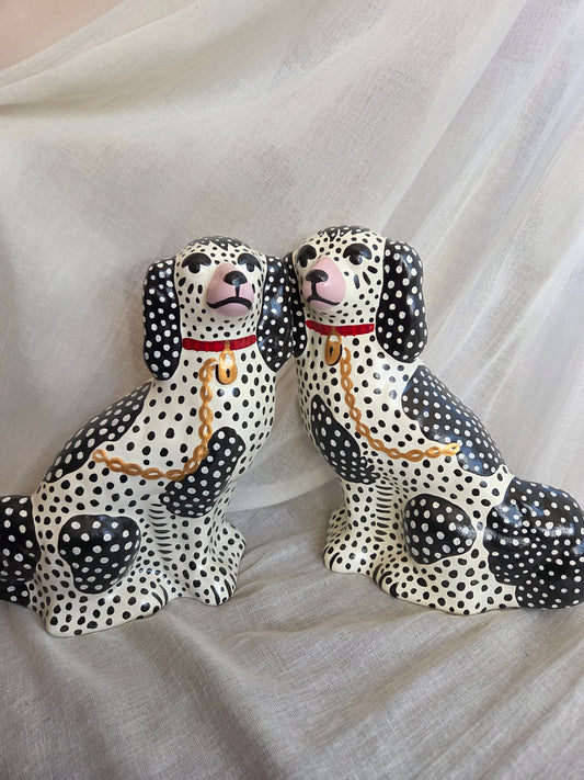 Medium Hand Painted Pair of Black and White Polka Dot Mantle Dogs