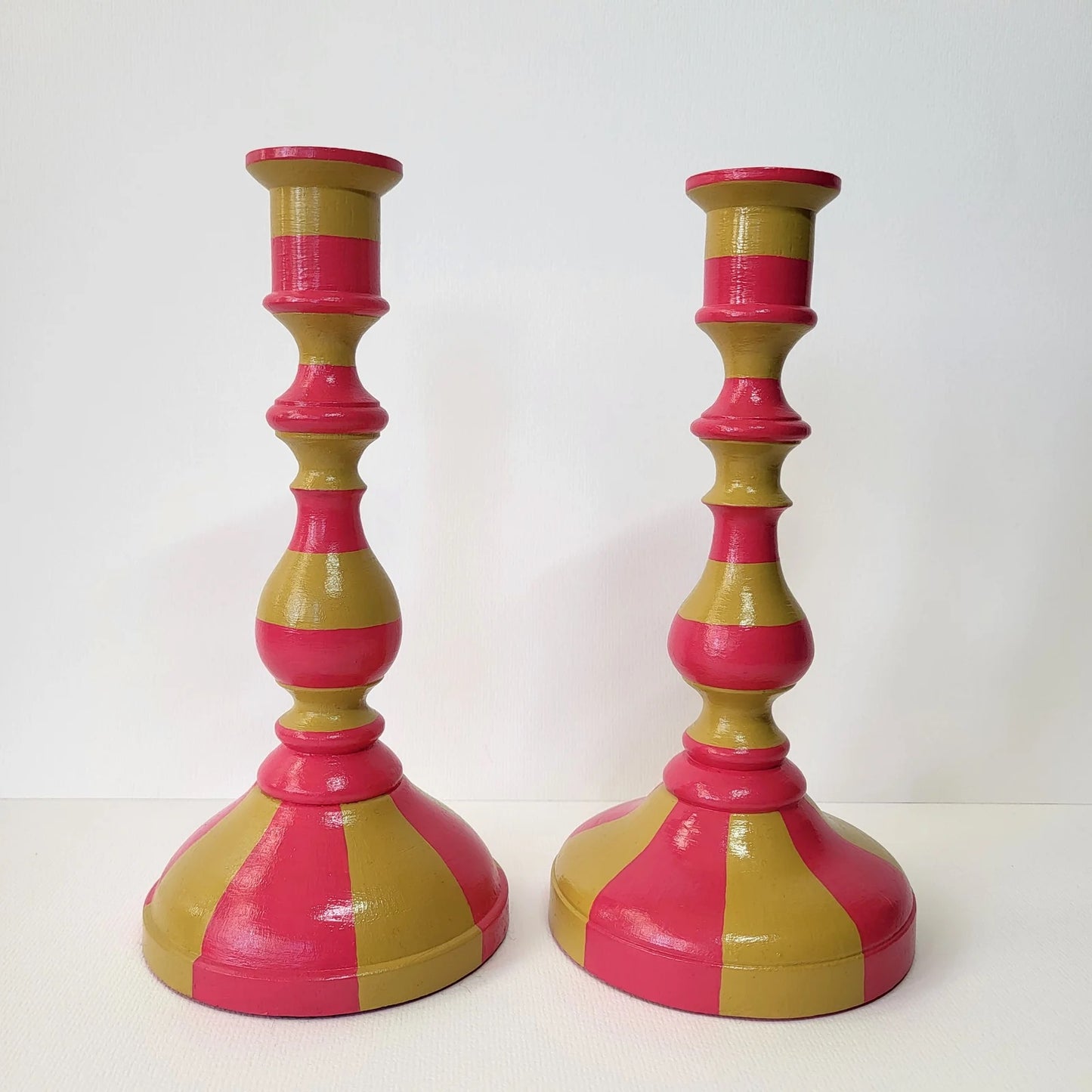 Hand Painted Stripe Wooden Candle Stick Holders
