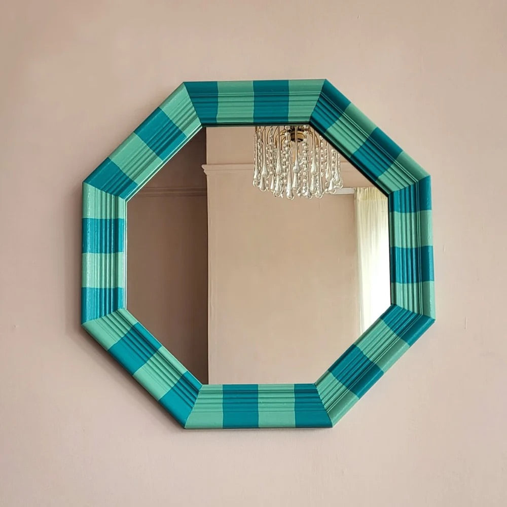 Hand-Painted Turquoise and Mint Stripe Hexagon Mirror