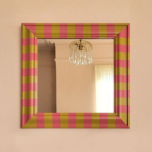Hand-painted pink and mustard stripe square mirror