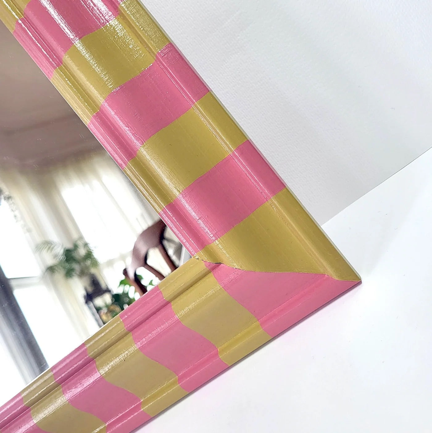 Hand-painted pink and mustard stripe square mirror